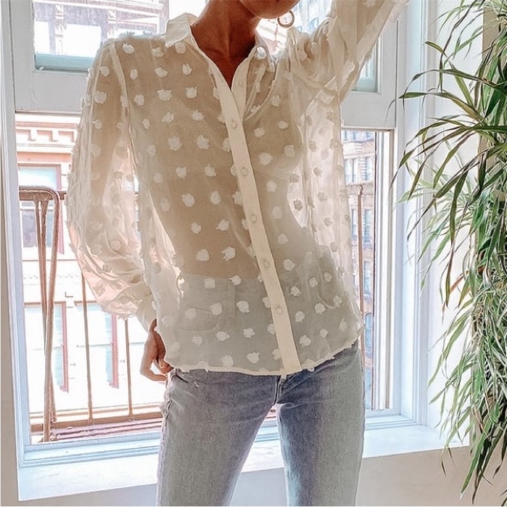 Secret Spot Cream Dotted Sheer Long Sleeve
Button-Up Top